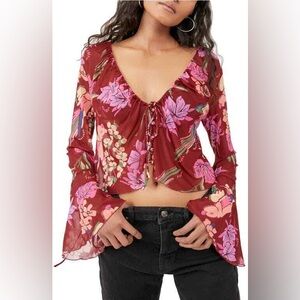 Free People, Women's Floral Print Tie-Front Long Sleeve Top